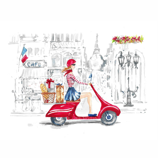 Paris Travel art print, lady in red