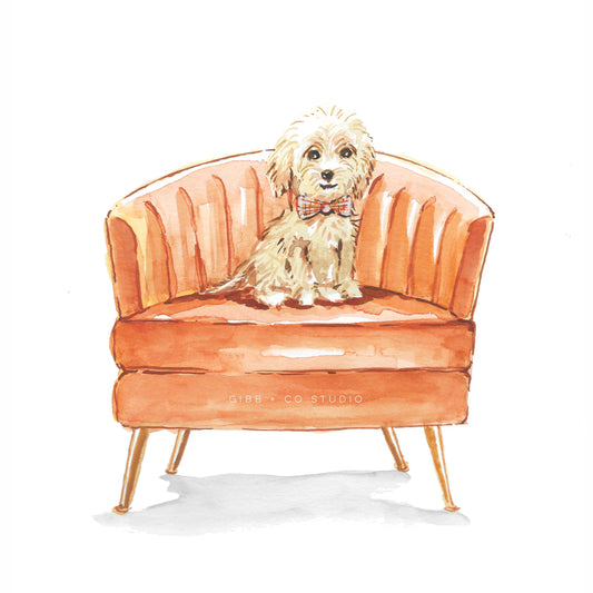 Golden Doodle on orange chair, dog art print, nursery art print