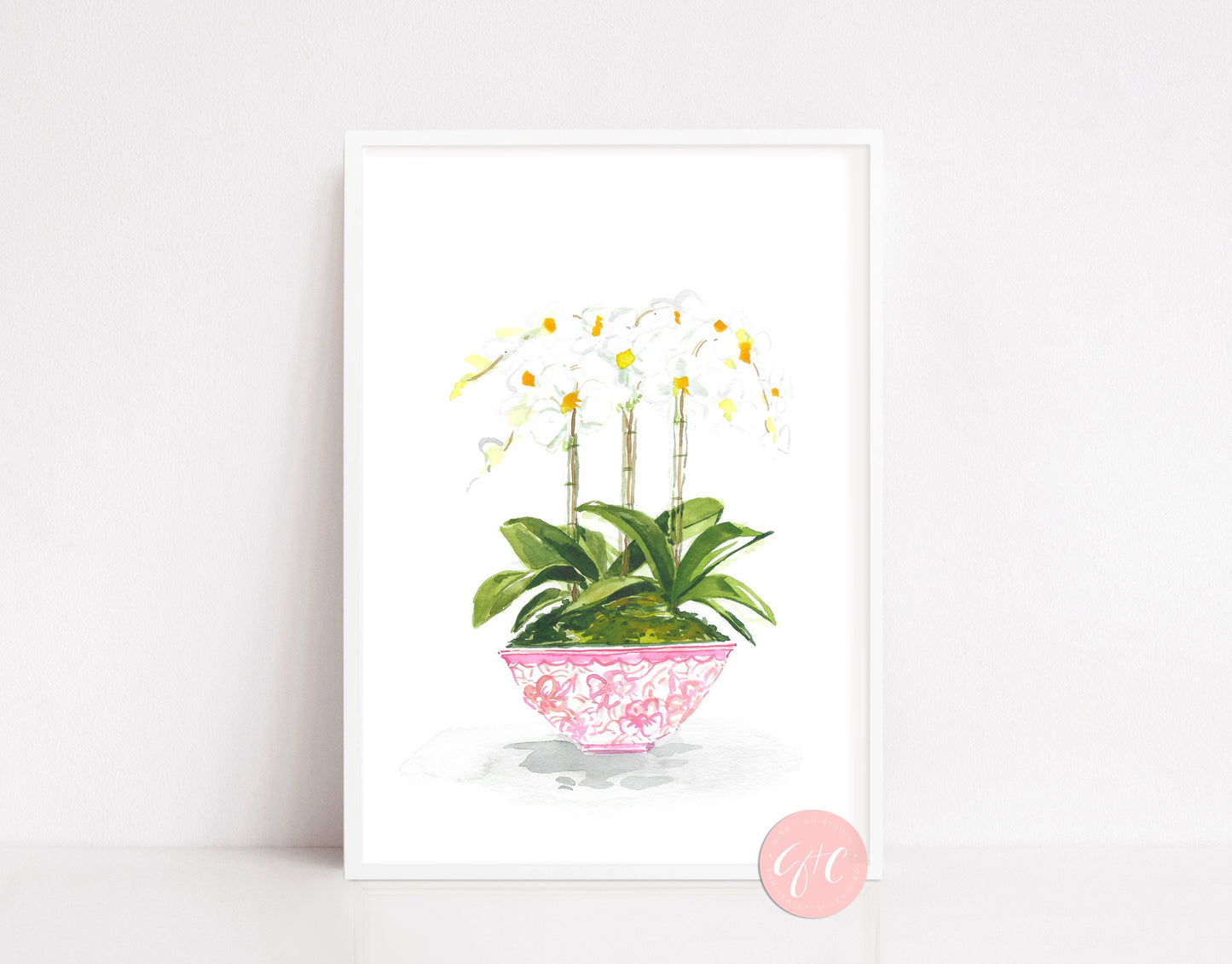 White orchids in pink container, floral art print, chinoiserie art print