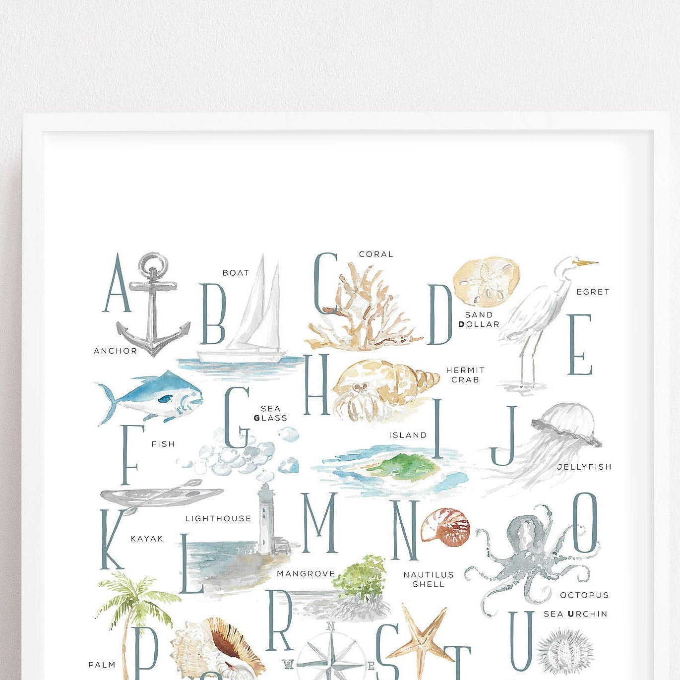 Coastal Alphabet, nursery art print, coastal art print