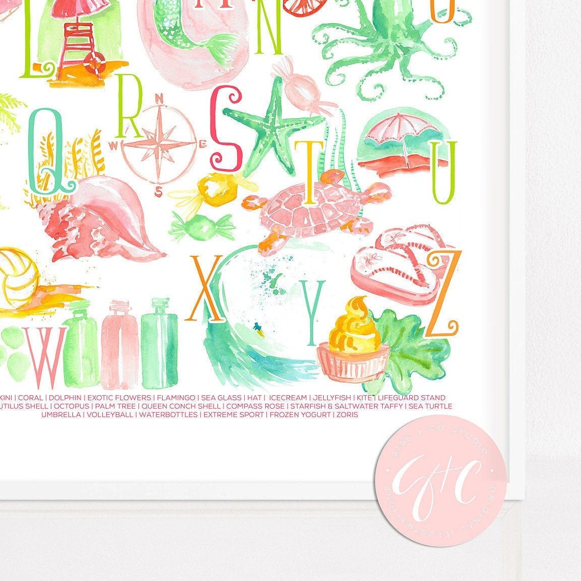 Resort Bright Alphabet art, whimsical beach art print