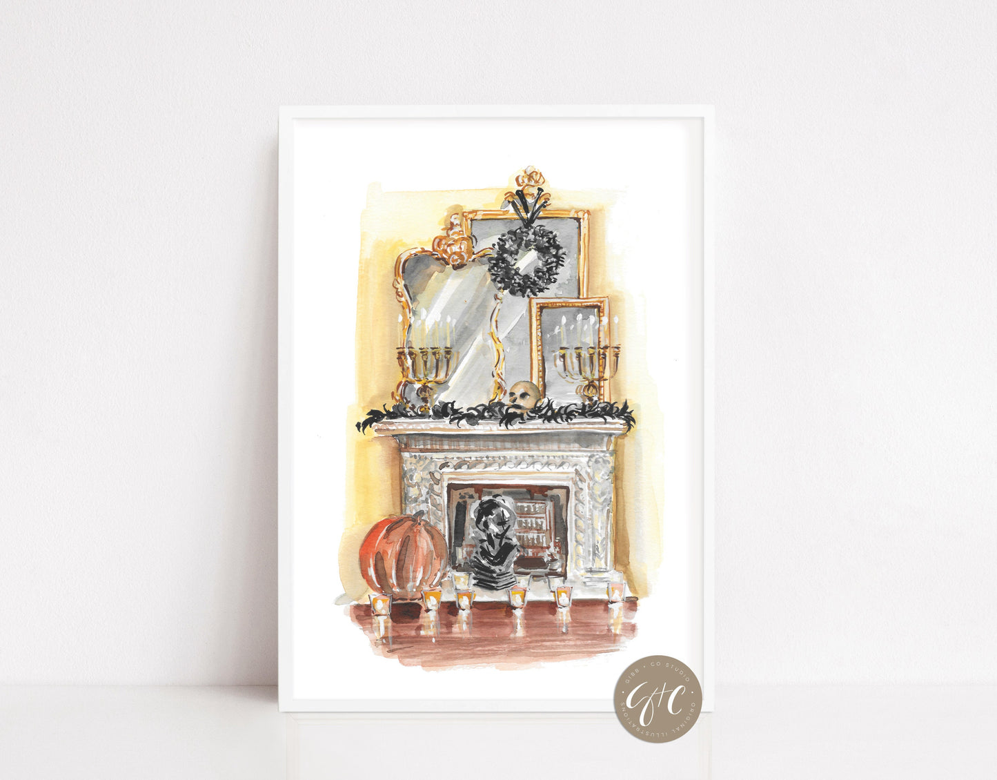 Halloween Fireplace vignette art print, Halloween art, Halloween decor, design art print