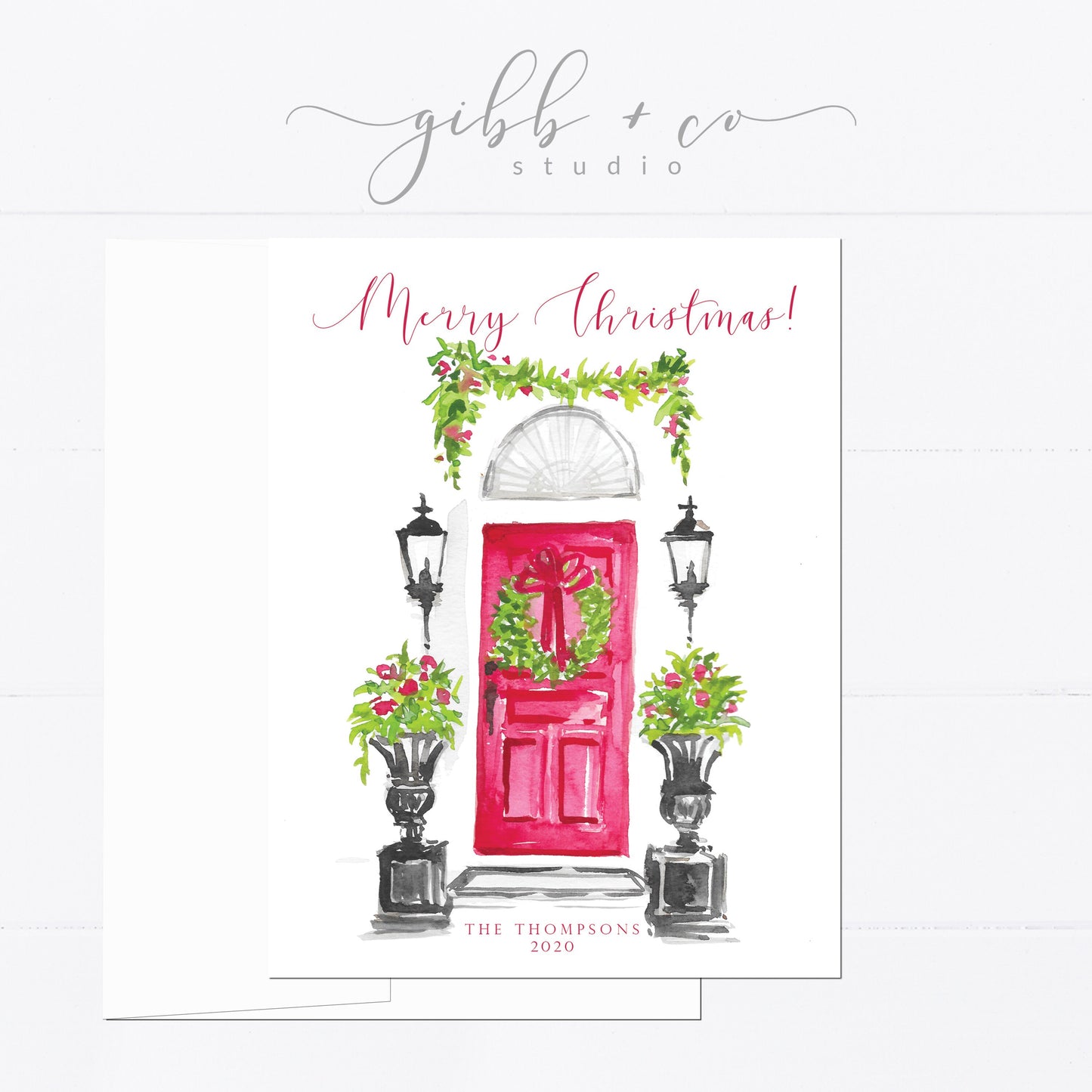 Christmas card, personalized Christmas card, red door, wreath, watercolor, monogram, gift for, feminine, girly, Holiday card, holidays