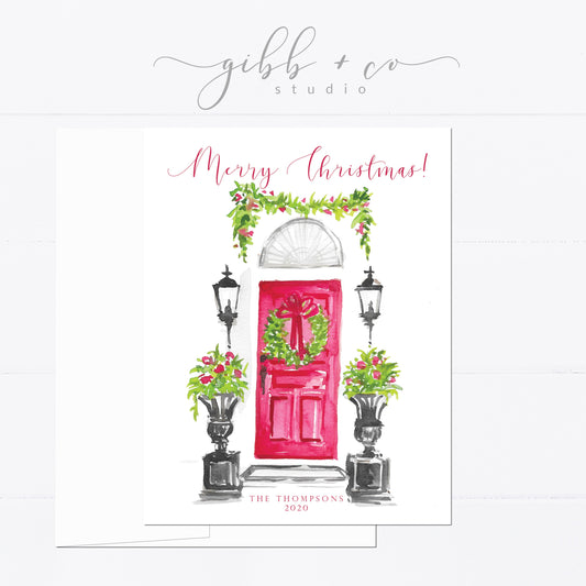 Christmas card, personalized Christmas card, red door, wreath, watercolor, monogram, gift for, feminine, girly, Holiday card, holidays