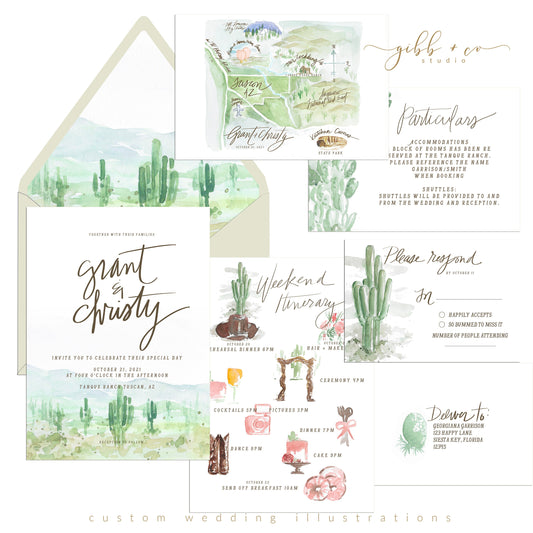 Custom watercolor illustrated wedding set, custom destination wedding set