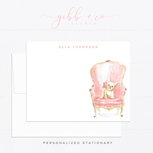 Frenchie puppy, French bulldog, pink chair, personalized stationery, watercolor, cream Frenchie, flat card, dog lover, gift for, feminine