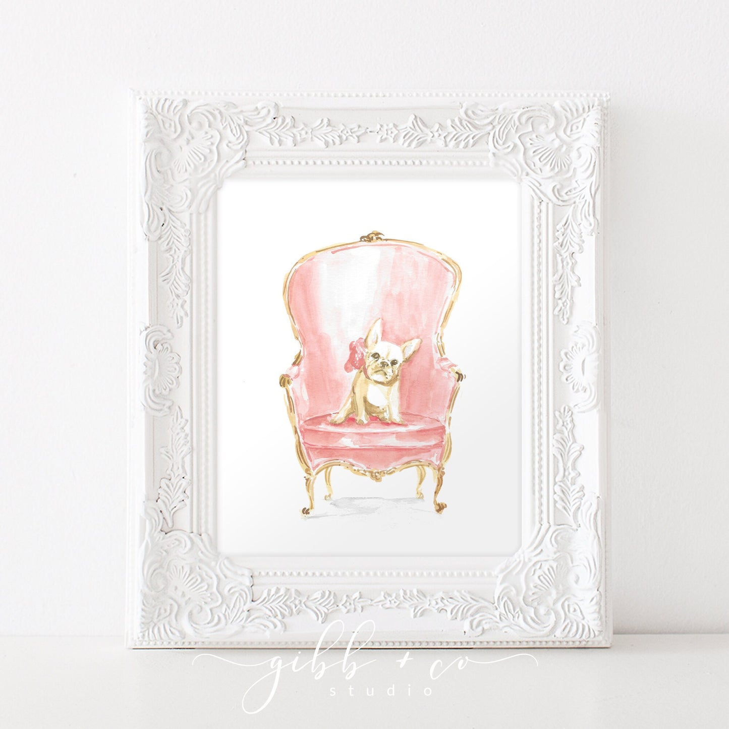 French Bulldog on Pink Chair, Frenchie dog art print, nursery art print