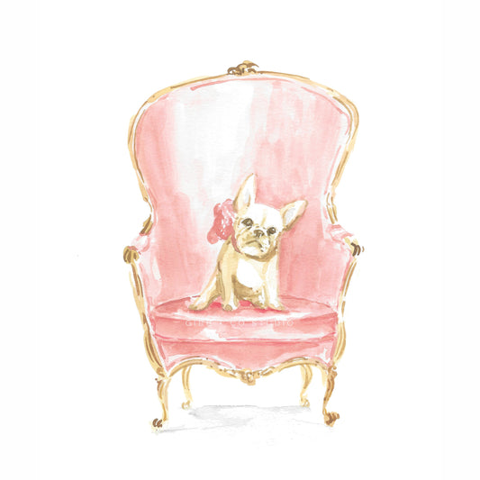 French Bulldog on Pink Chair, Frenchie dog art print, nursery art print