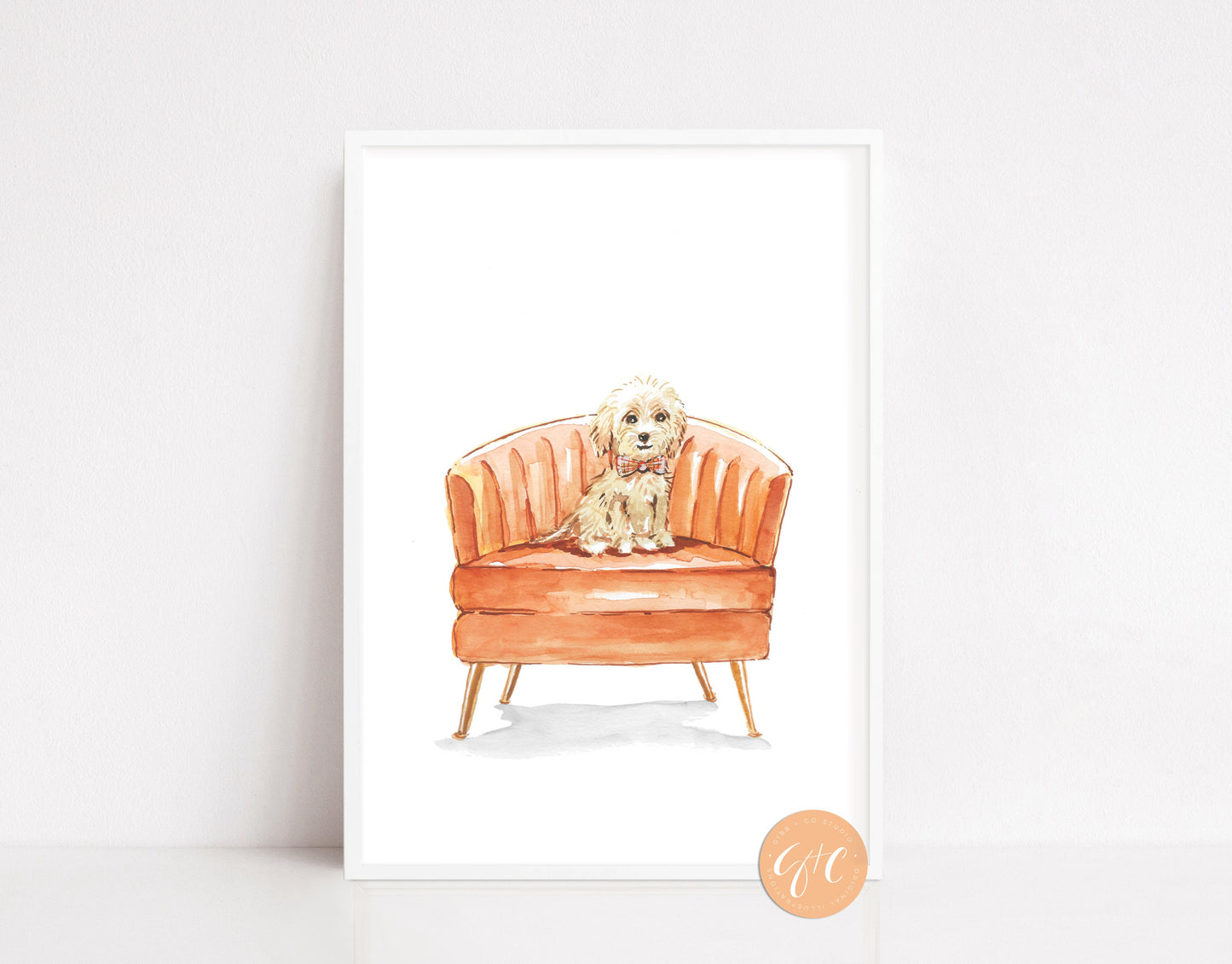 Golden Doodle on orange chair, dog art print, nursery art print