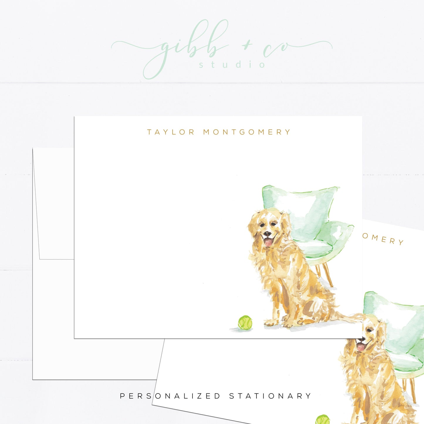 Golden Retriever, mint, chair, personalized stationery, watercolor, monogram, dog lover, gift for, feminine, girly, minimal, unisex, dog art