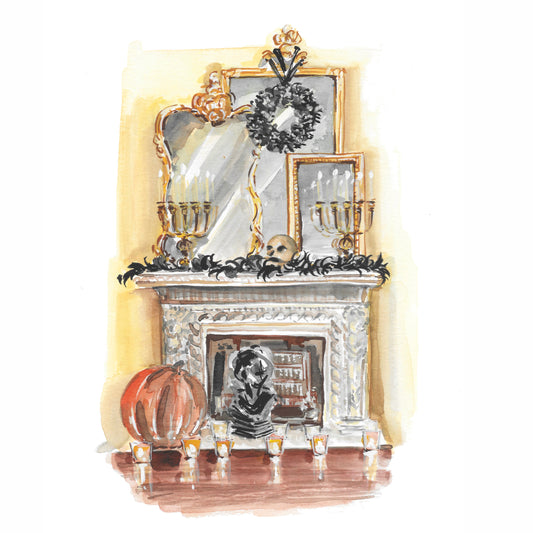 Halloween Fireplace vignette art print, Halloween art, Halloween decor, design art print