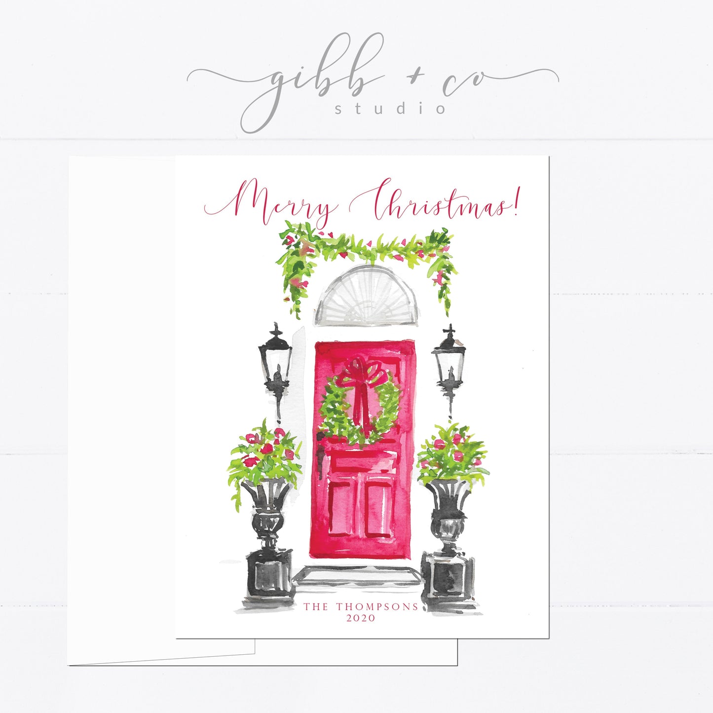 Christmas card, personalized Christmas card, red door, wreath, watercolor, monogram, gift for, feminine, girly, Holiday card, holidays