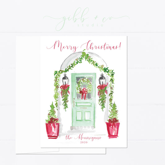 Christmas card, personalized Christmas card, Door Decor, mint green, watercolor, monogram, gift for, feminine, girly, Holiday card, holidays