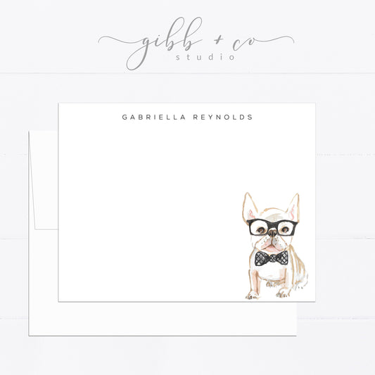 Personalized stationery, Frenchie, French Bulldog, girly, watercolor, printed art, gift for, feminine, dog lover, flat card, Cream, fashion