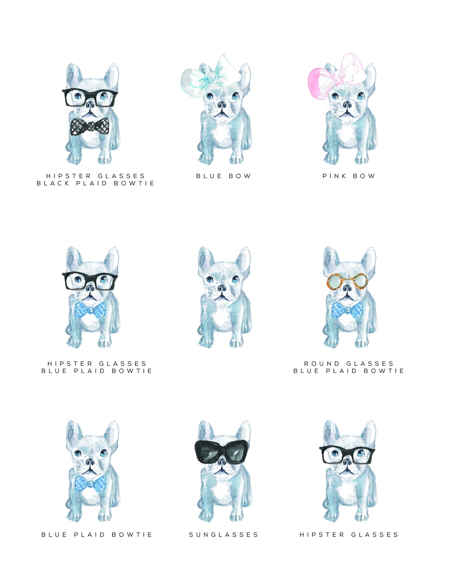 Personalized stationery, Frenchie, French Bulldog, girly, watercolor, printed art, gift for, feminine, dog lover, flat card, blue, fashion