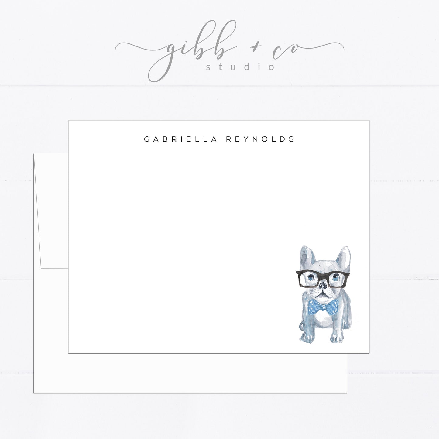 Personalized stationery, Frenchie, French Bulldog, girly, watercolor, printed art, gift for, feminine, dog lover, flat card, blue, fashion