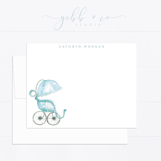 Personalized stationery, vintage stroller, baby gift, flat card, watercolor, gift for, feminine, illustration, pink, yellow, blue, baby boy