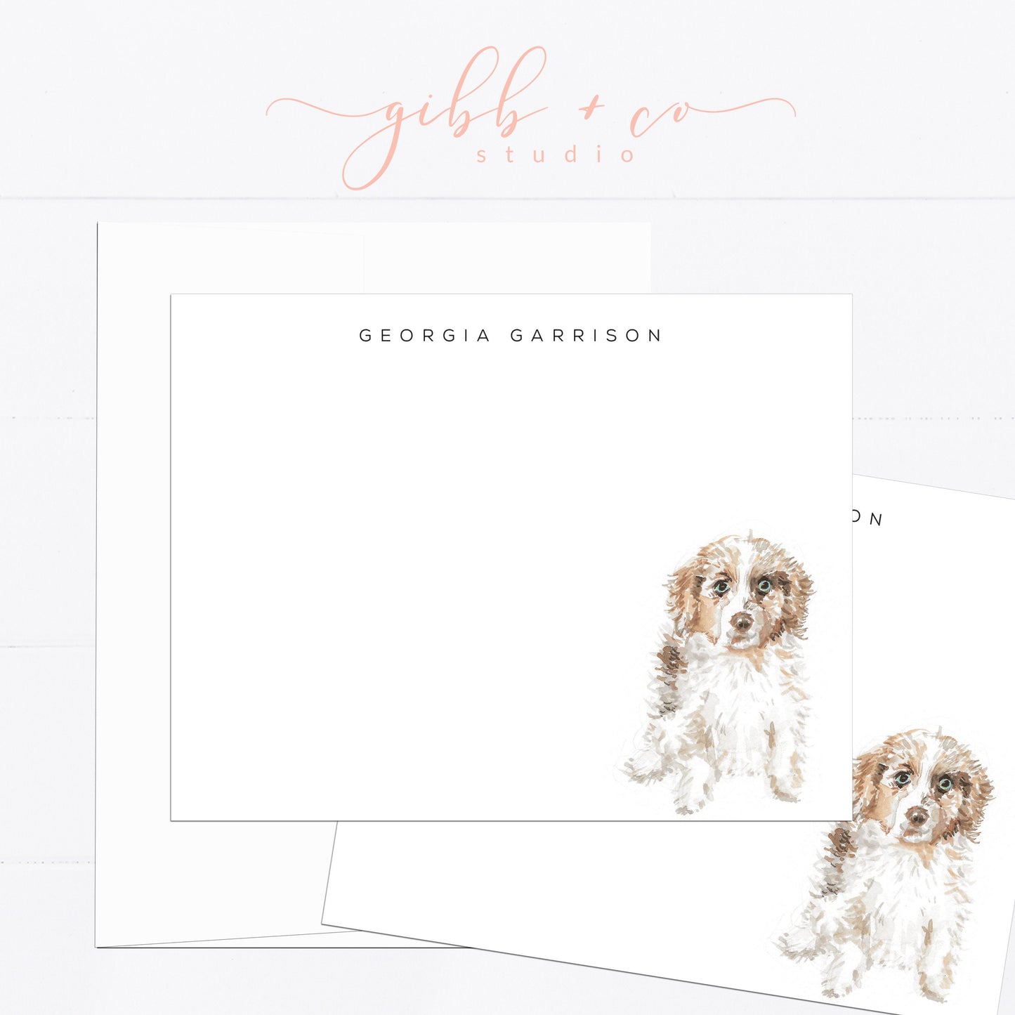 Personalized stationery, Australian Shepard, puppy, dog, watercolor, printed art, gift for, feminine, dog lover, flat card, dog gift