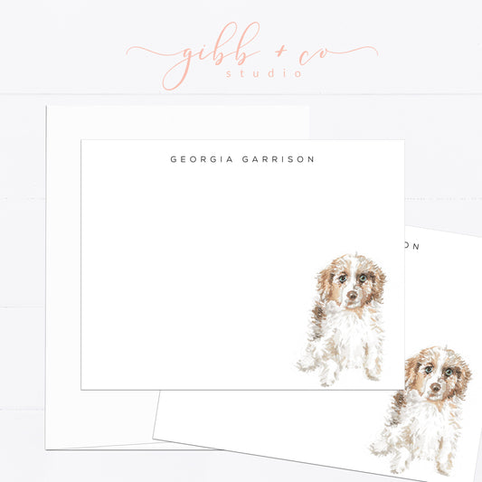 Personalized stationery, Australian Shepard, puppy, dog, watercolor, printed art, gift for, feminine, dog lover, flat card, dog gift