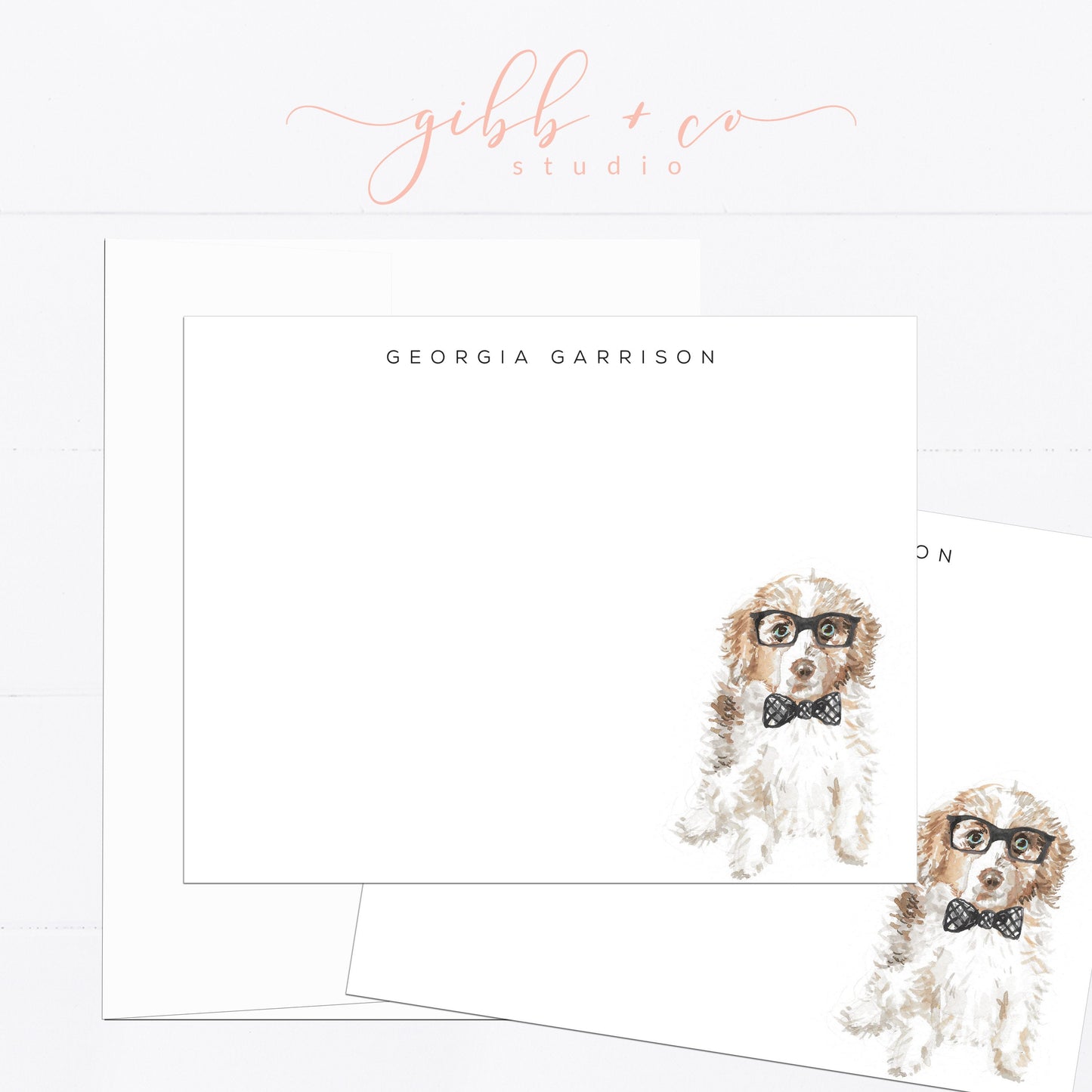 Personalized stationery, Australian Shepard, puppy, dog, watercolor, printed art, gift for, feminine, dog lover, flat card, dog gift