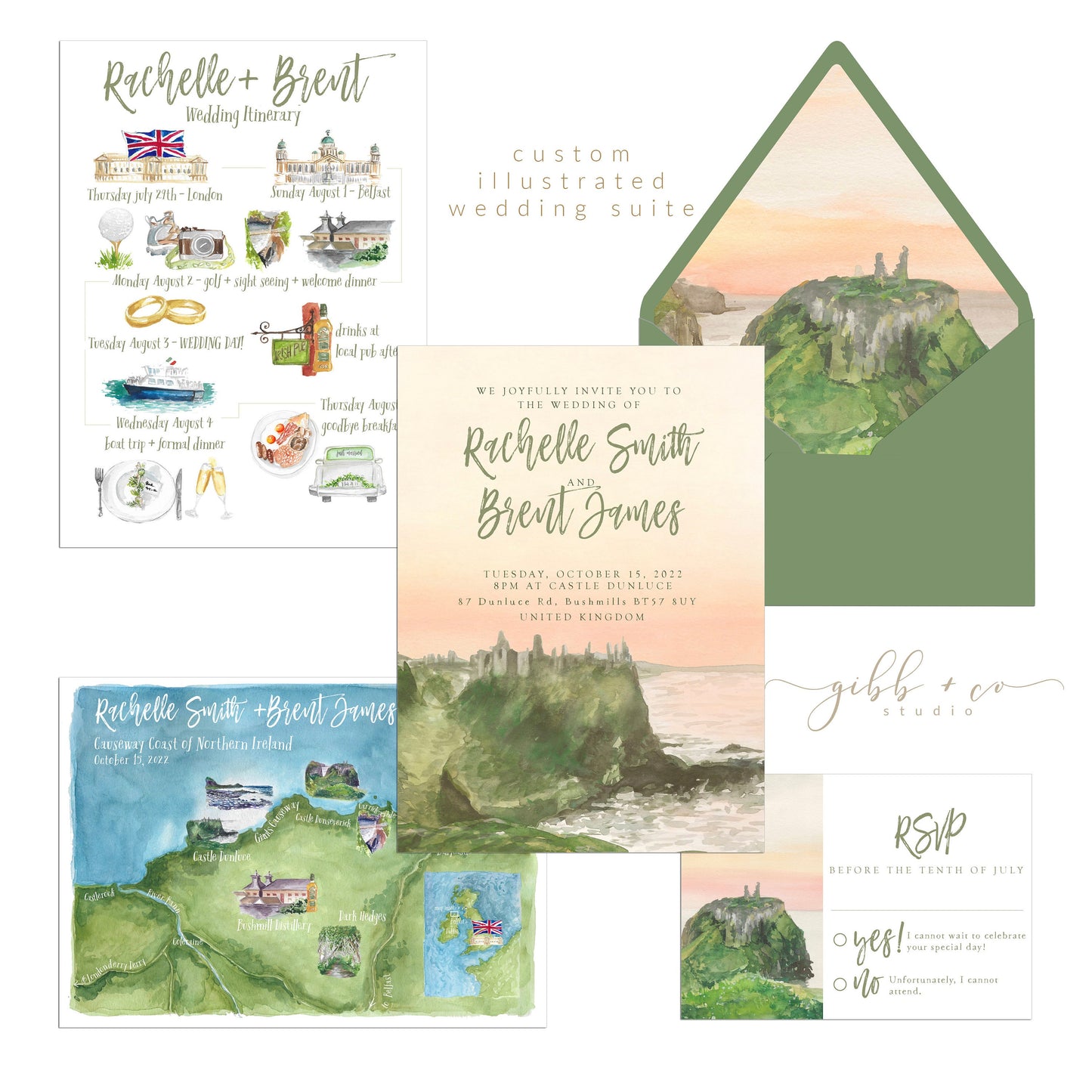Custom watercolor illustrated wedding set, custom destination wedding set