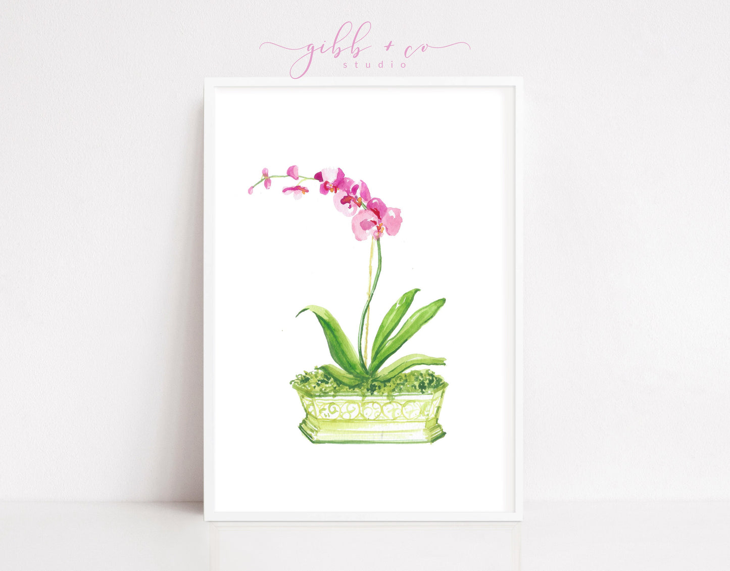 Pink orchids, green container, floral art print, chinoiserie art print