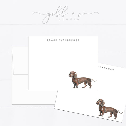 Personalized stationery, Dachshund, hotdog, puppy, dog, watercolor, printed art, gift for, feminine, dog lover, flat card, dog gift