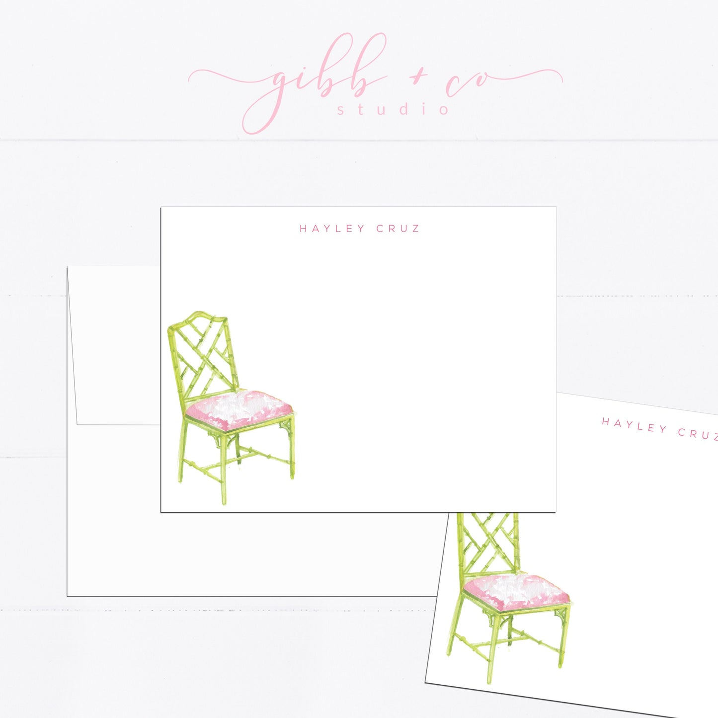 Personalized stationery, green chair, interior design, whimsical, girly, watercolor, printed art, gift for, feminine, illustration, monogram