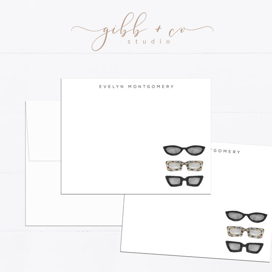 Personalized stationery, fashion, glasses, sunglasses, girly, watercolor, printed art, gift for, feminine, illustration, flat card
