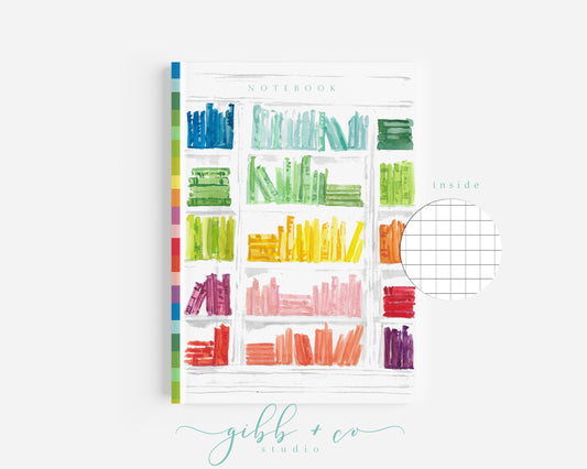 Rainbow Bookcase notebook, library, journal, art journal, graph paper, modern, watercolor, illustration, book lover, affirmation, journaling