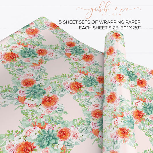 Lucy Orange rose Floral wrapping paper