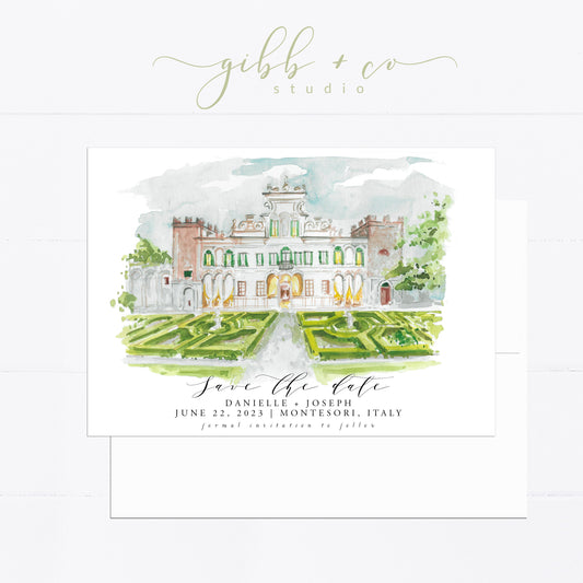 Custom Illustrated Save the Date, Venue illustration, Destination wedding save the date illustration