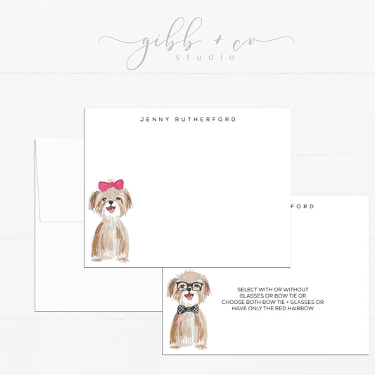 Personalized stationery, shih tzu, shihtzu, puppy, girly, watercolor, gift for, feminine, dog lover, flat card, dog gift, fashion