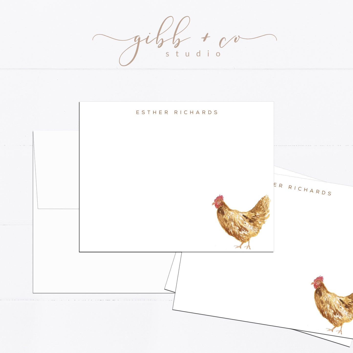 Personalized stationery, farm, farm fresh, golden chicken, girly, watercolor, printed art, gift for, feminine, illustration, flat card