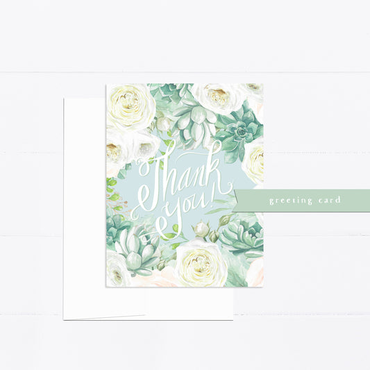 Thank you card, greeting card, succulents, roses, floral, flowers, set of cards, bundle cards, single card, watercolor, illustrated card