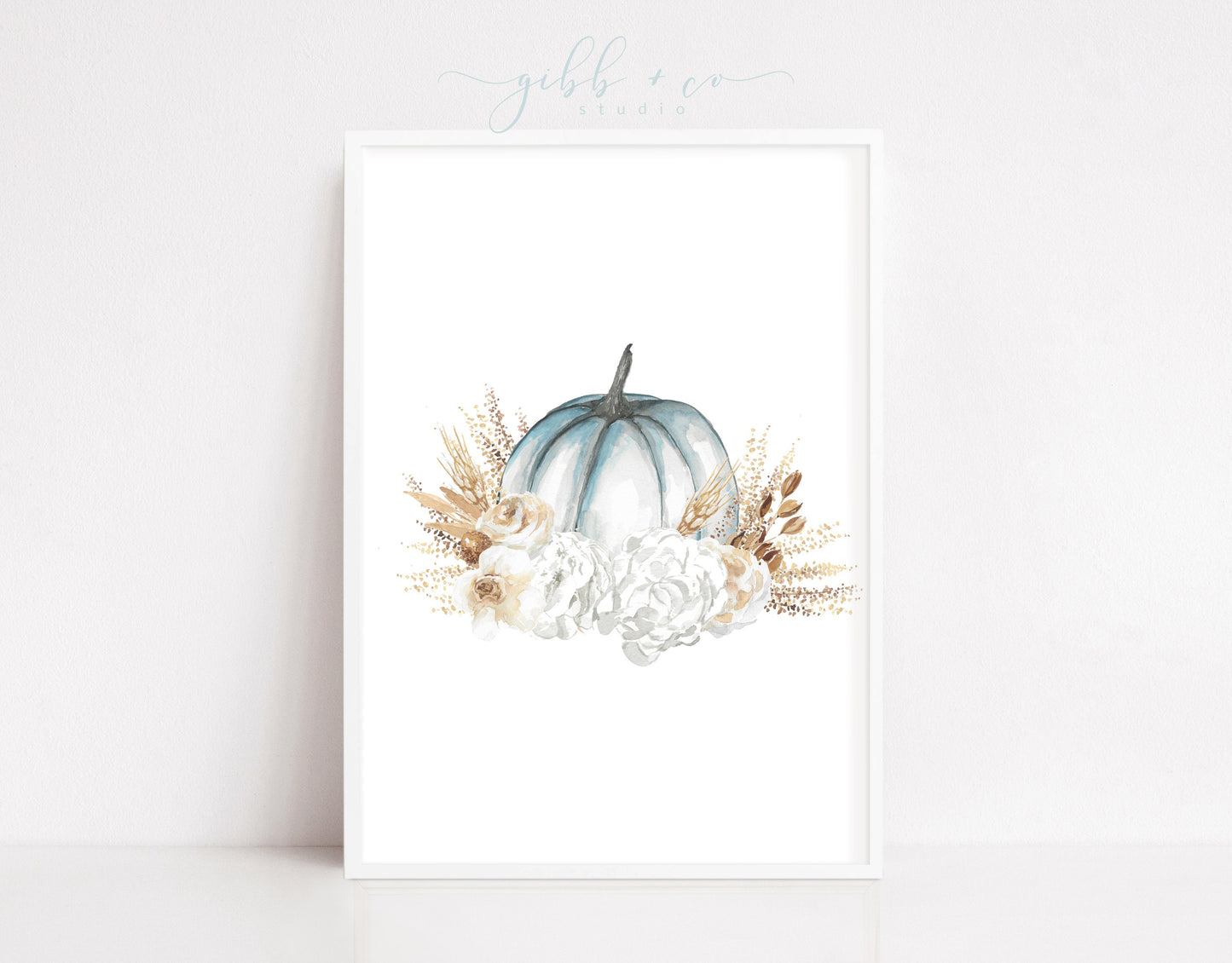 Blue pumpkin floral arrangement, fall art print, floral art print