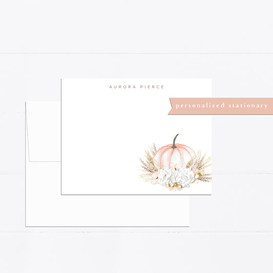 Personalized stationery, pumpkin, fall, farmhouse, minimal, girly, watercolor stationery set, gift for, illustration, flat card, pink