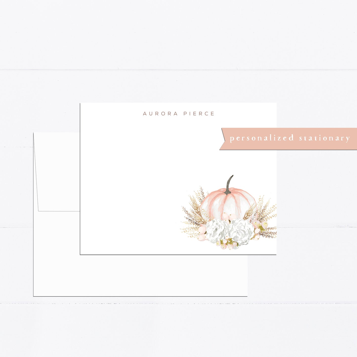 Personalized stationery, pumpkin, fall, farmhouse, minimal, girly, watercolor stationery set, gift for, illustration, flat card, white