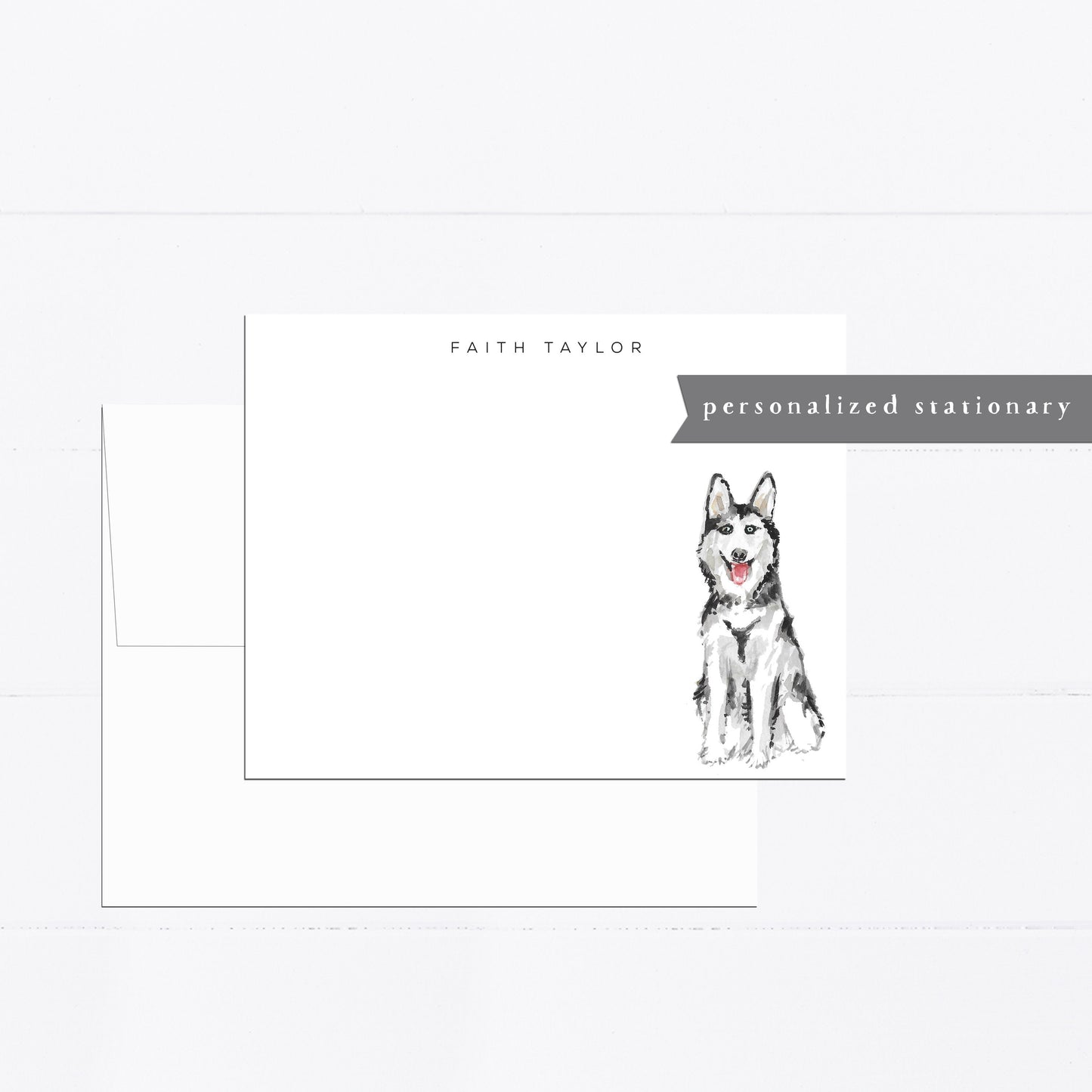 Personalized stationery, husky, dog lover gift, girly, watercolor, printed art, gift for, feminine, flat card, dog gift, husky gift