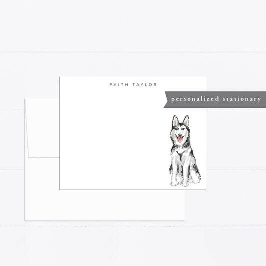 Personalized stationery, husky, dog lover gift, girly, watercolor, printed art, gift for, feminine, flat card, dog gift, husky gift