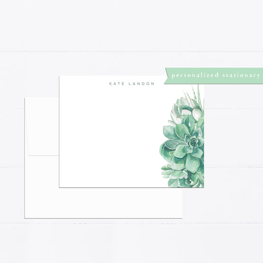 Personalized stationery, succulent, bouquet, southwest, succulents, stationery set, watercolor, flat card, gift for, feminine, illustration