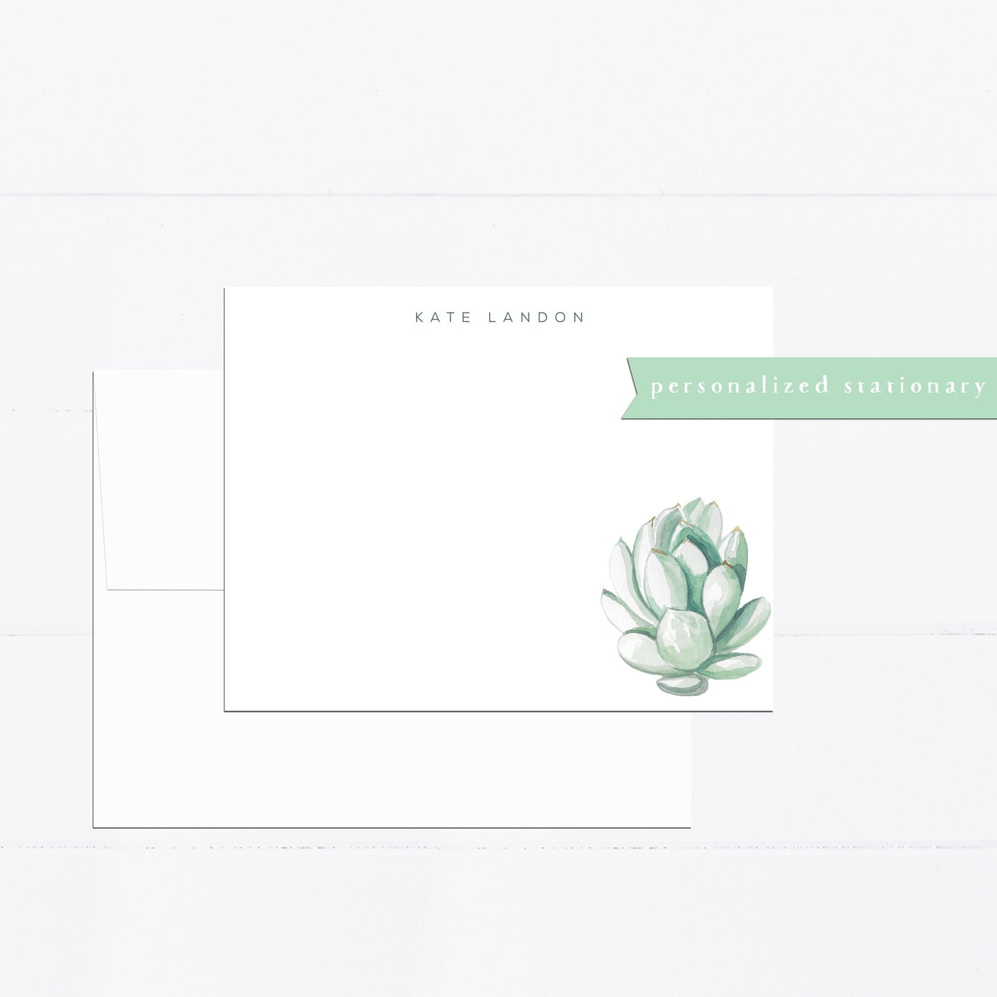 Personalized stationery, succulent, minimal, southwest, succulents, stationery set, watercolor, flat card, gift for, mint, illustration