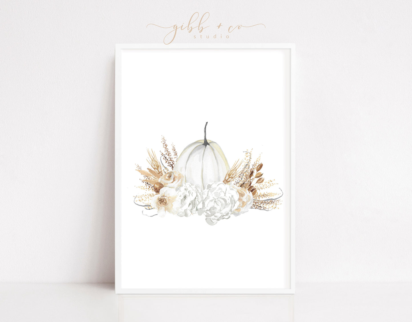 White pumpkin floral arrangement, fall art print, floral art print