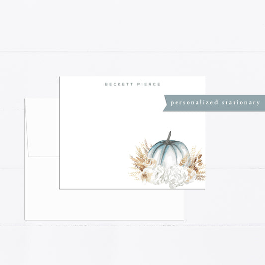 Personalized stationery, pumpkin, fall, farmhouse, minimal, girly, watercolor stationery set, gift for, illustration, flat card, blue