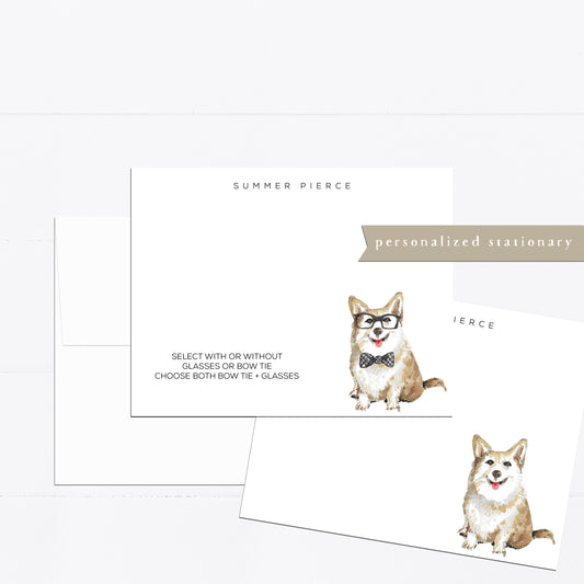 Personalized stationery, corgi, gift for dog lover, gift for corgi lover, watercolor, printed art, gift for, feminine, flat card, dog gift