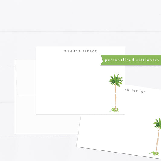 Personalized stationery, palm tree, tropical palm, minimal, minimal stationery, watercolor, flat card, gift for, feminine, illustration