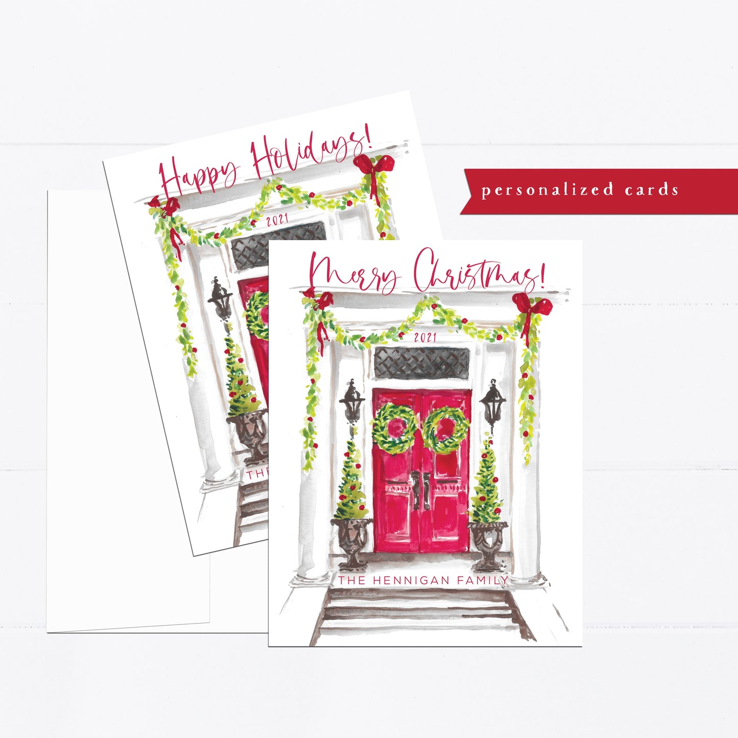 Christmas card, personalized Christmas card, red door, wreath, watercolor, monogram, gift for, feminine, girly, Holiday card, holidays