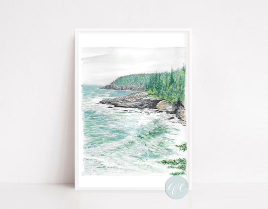 Maine travel art, Acadia National Park art, Coastal art print, Maine watercolor art print, travel art print