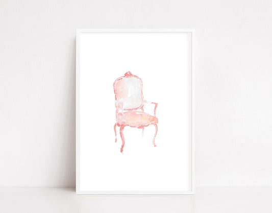 Pink antique chair illustration, interior design art print, architecture art print