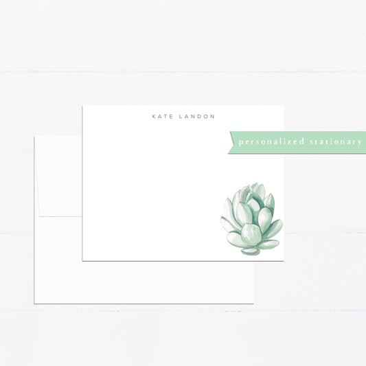 Personalized stationery, succulent, minimal, southwest, succulents, stationery set, watercolor, flat card, gift for, mint, illustration